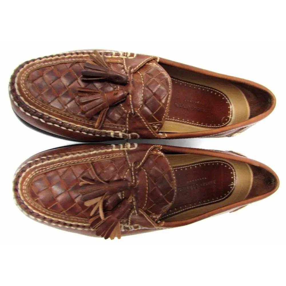 Johnston & Murphy men's 9.5 M Brown leather woven weave dress shoes tassels